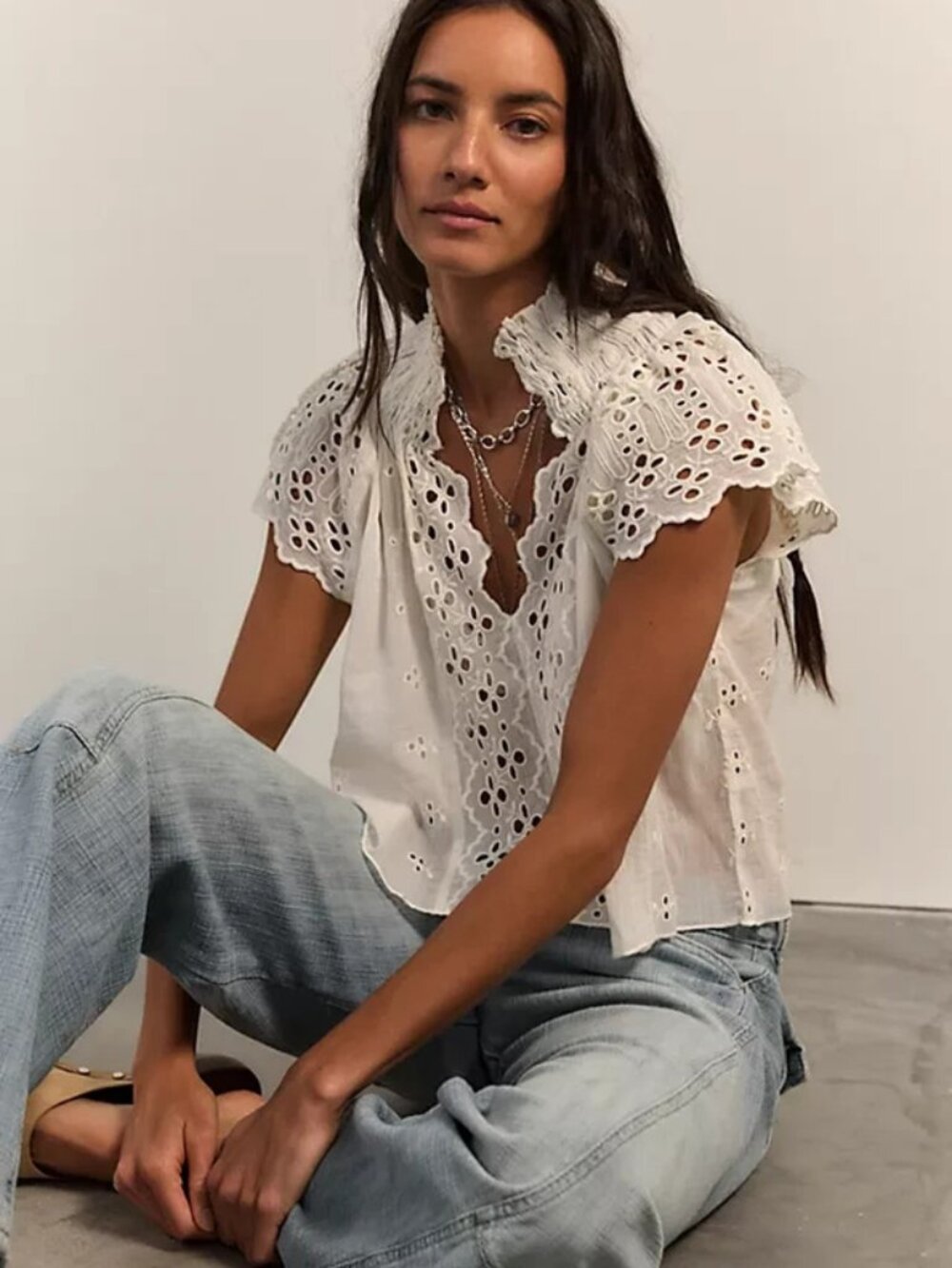 Free People FP One Sigrid Blouse Top Clean Ivory Eyelet Lace Embroidered M